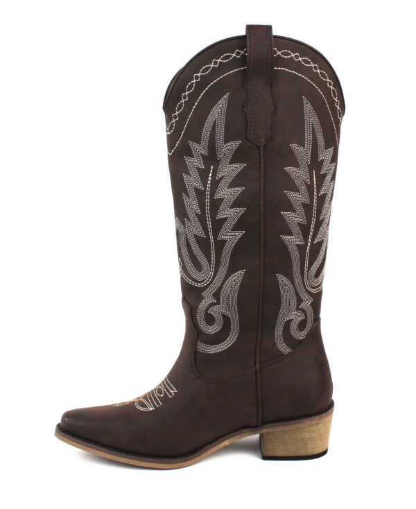 Women's Brown Western Cowboy Snip Toe Embroidered Leather Knee High Cowgirl Boots Wide Calf - Image 3