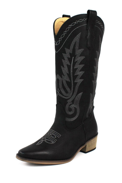Women's Black Western Cowboy Snip Toe Embroidered Leather Knee High Cowgirl Boots Wide Calf