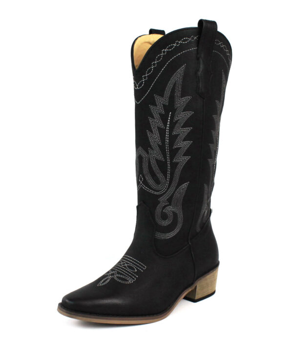 Women's Black Western Cowboy Snip Toe Embroidered Leather Knee High Cowgirl Boots Wide Calf