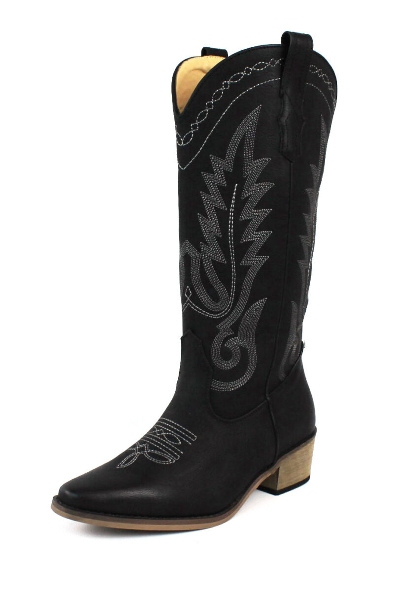 Women's Black Western Cowboy Snip Toe Embroidered Leather Knee High Cowgirl Boots Wide Calf