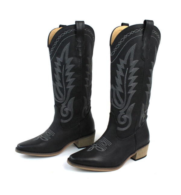 Women's Black Western Cowboy Snip Toe Embroidered Leather Knee High Cowgirl Boots Wide Calf - Image 5