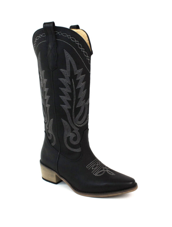 Women's Black Western Cowboy Snip Toe Embroidered Leather Knee High Cowgirl Boots Wide Calf - Image 2