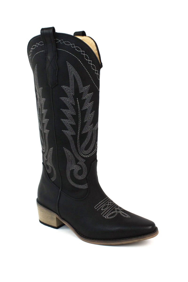 Alternative view of Women's Black Western Cowboy Snip Toe Embroidered Leather Knee High Cowgirl Boots Wide Calf