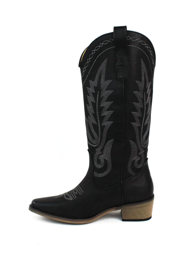 Women's Black Western Cowboy Snip Toe Embroidered Leather Knee High Cowgirl Boots Wide Calf - Image 3