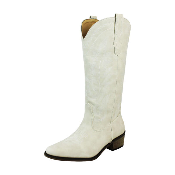 Women's White Western Cowboy Snip Toe Embroidered Leather Knee High Cowgirl Boots Wide Calf