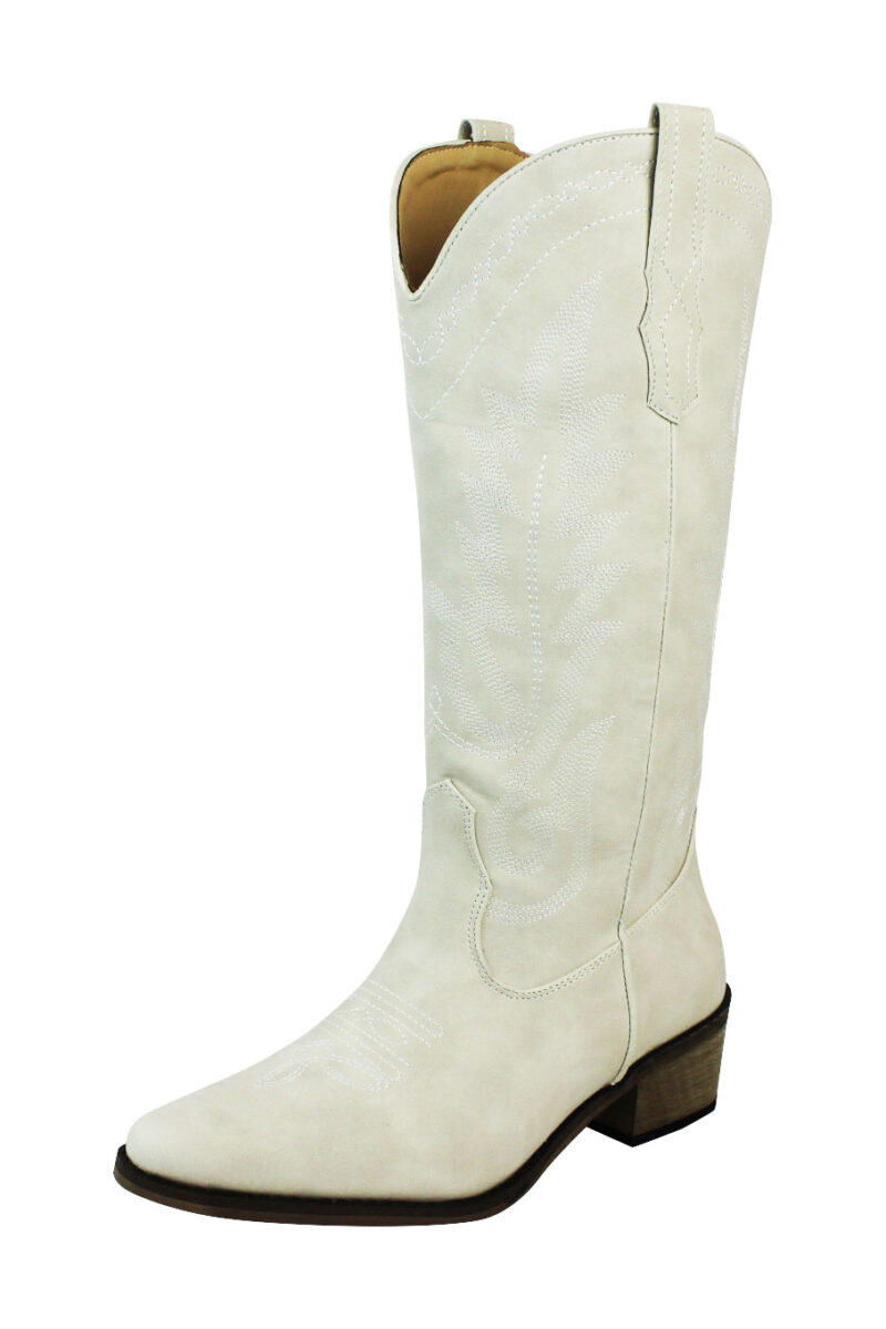 Women's White Western Cowboy Snip Toe Embroidered Leather Knee High Cowgirl Boots Wide Calf