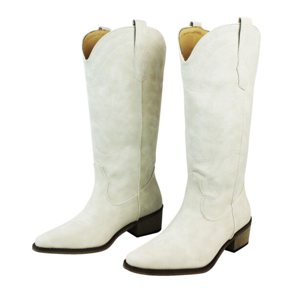 Women's White Western Cowboy Snip Toe Embroidered Leather Knee High Cowgirl Boots Wide Calf - Image 5