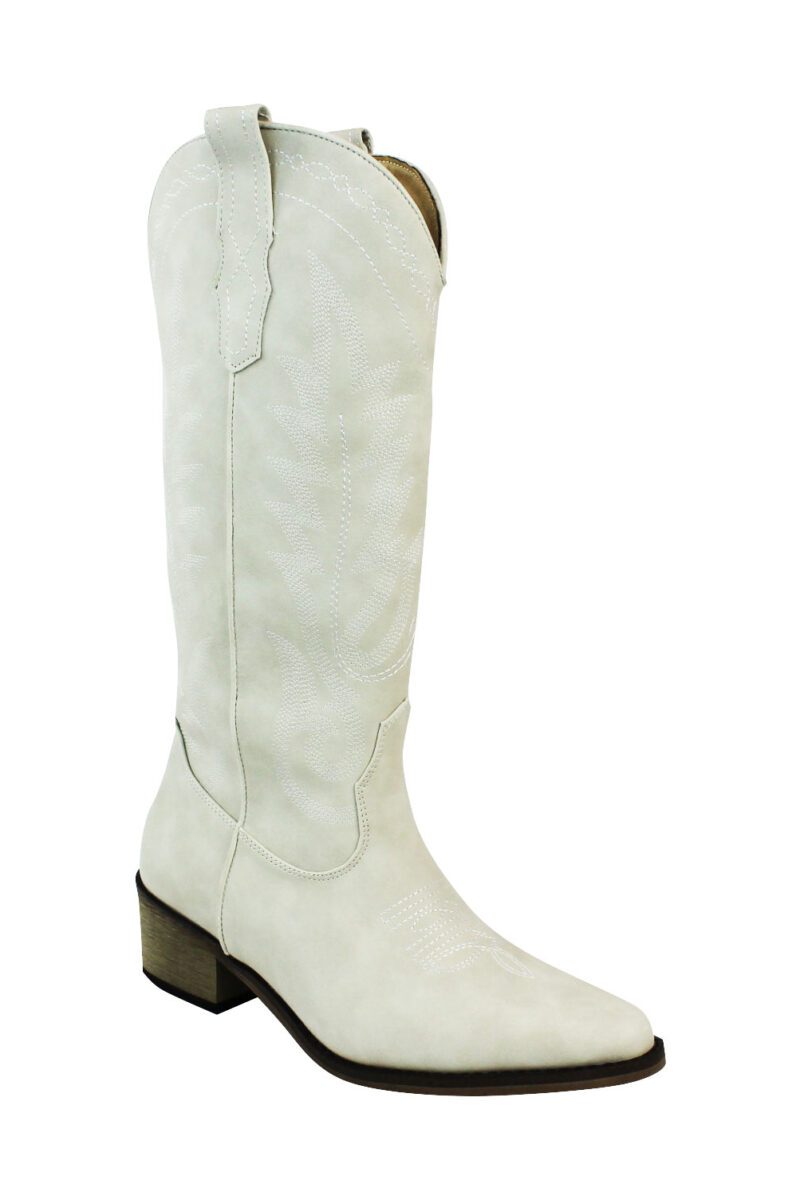 Alternative view of Women's White Western Cowboy Snip Toe Embroidered Leather Knee High Cowgirl Boots Wide Calf