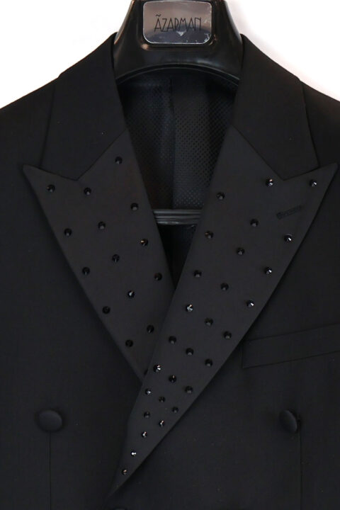 Alternative view of Slim Fit Black Double Breasted Tuxedo Black Studs Rhinestone Peak Lapel Design