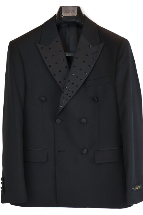 Slim Fit Black Double Breasted Tuxedo Black Studs Rhinestone Peak Lapel Design