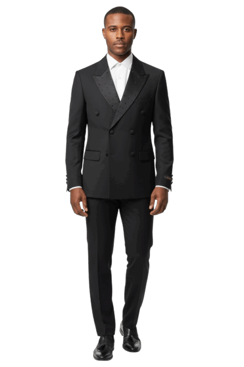 Slim Fit Black Double Breasted Tuxedo Black Studs Rhinestone Peak Lapel Design
