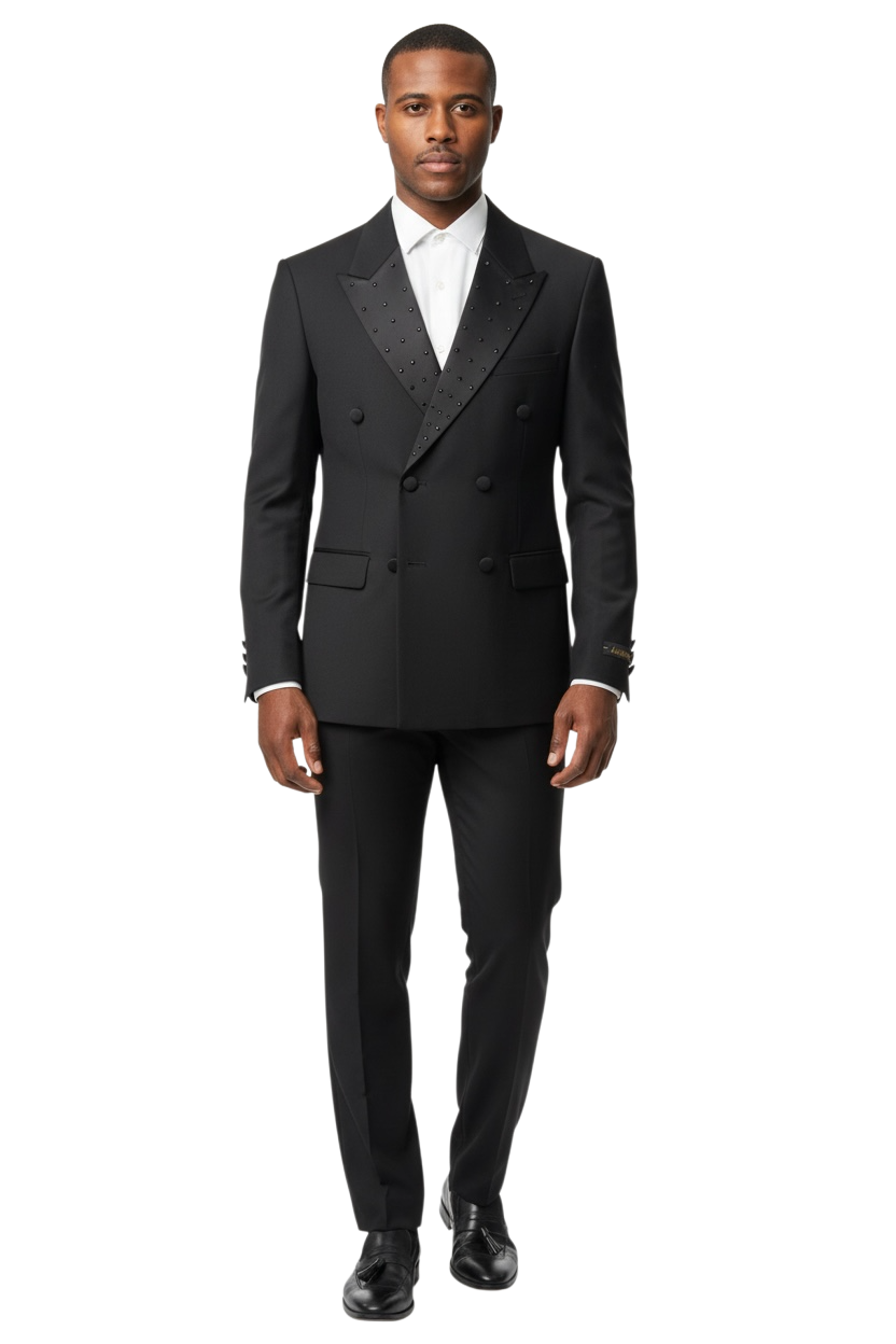 Slim Fit Black Double Breasted Tuxedo Black Studs Rhinestone Peak Lapel Design