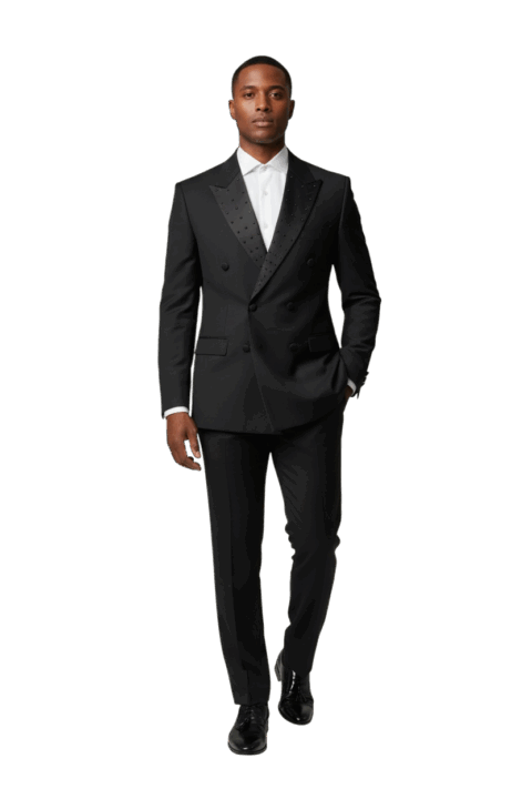 Alternative view of Slim Fit Black Double Breasted Tuxedo Black Studs Rhinestone Peak Lapel Design