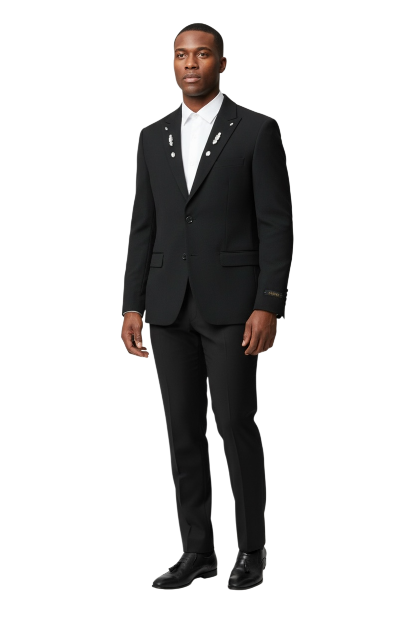Slim Fit Mens Crystal Embellished Peak Lapel Black Suit 9936 - Image 5