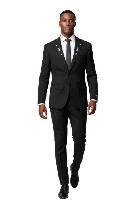 Slim Fit Mens Crystal Embellished Peak Lapel Black Suit 9936