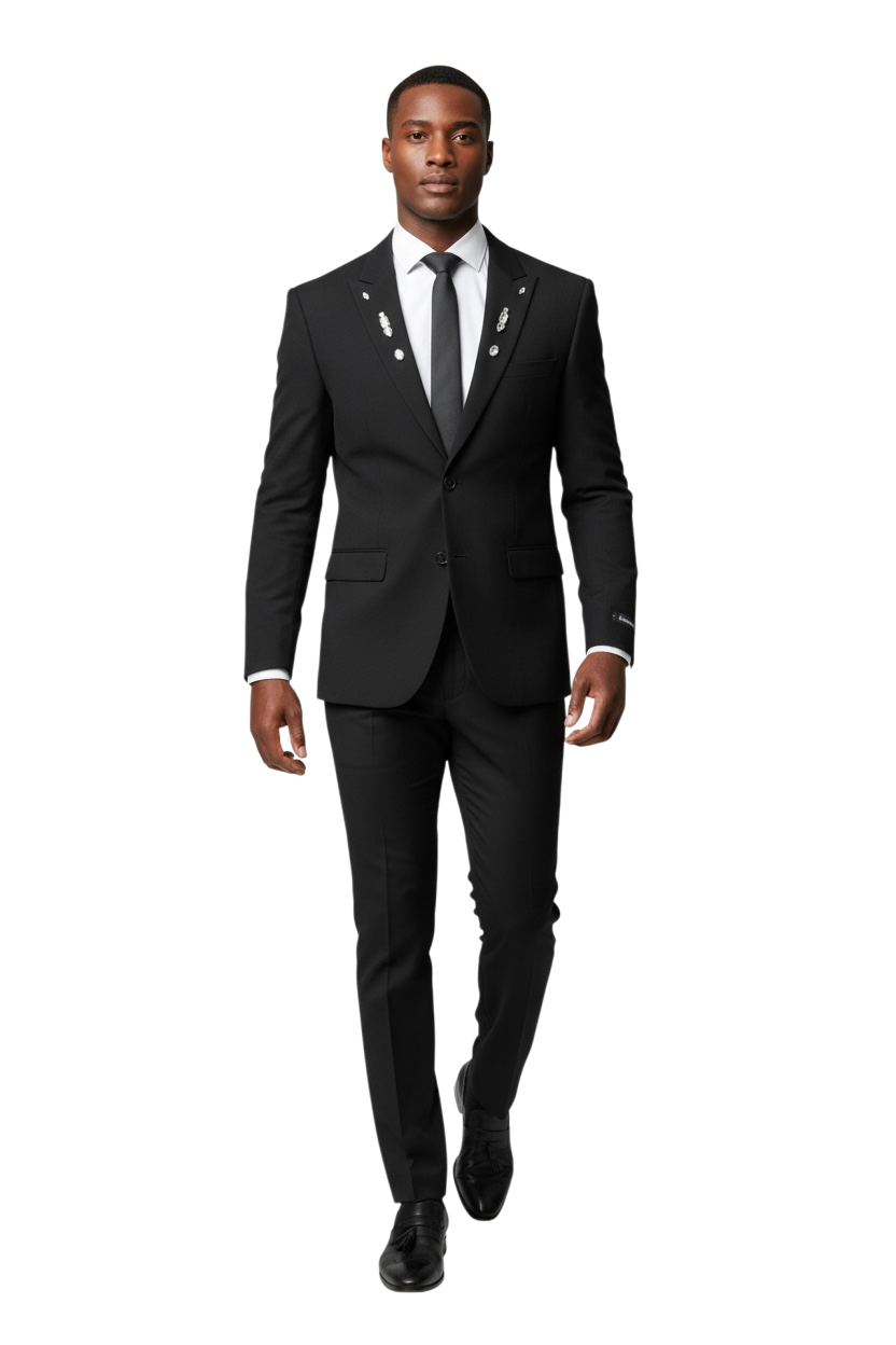 Slim Fit Mens Crystal Embellished Peak Lapel Black Suit 9936