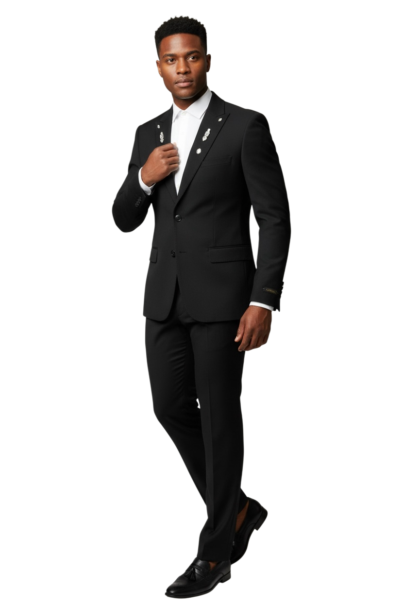 Slim Fit Mens Crystal Embellished Peak Lapel Black Suit 9936 - Image 4