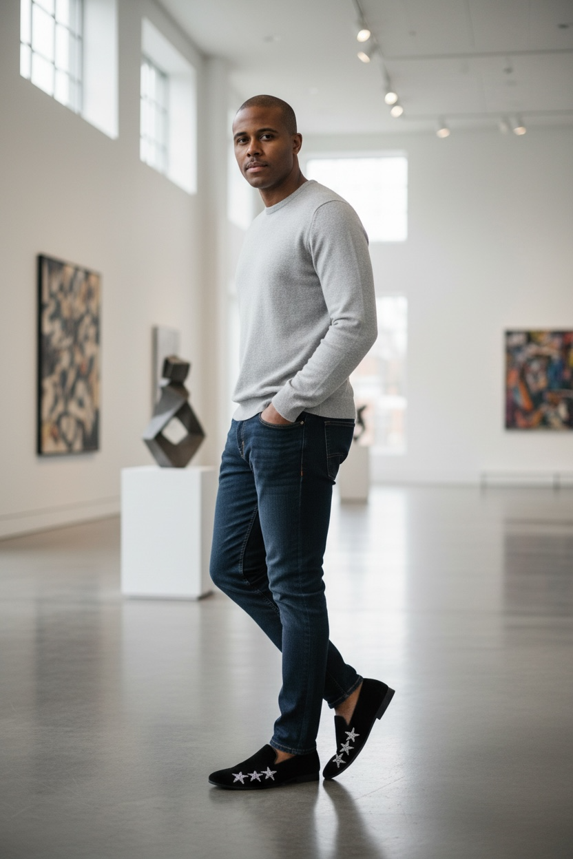 Men's Slip On Black Velvet Dress Loafers With Silver Rhinestone Stars - Image 5