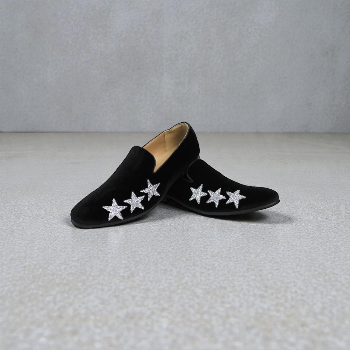 Men's Slip On Black Velvet Dress Loafers With Silver Rhinestone Stars - Image 3