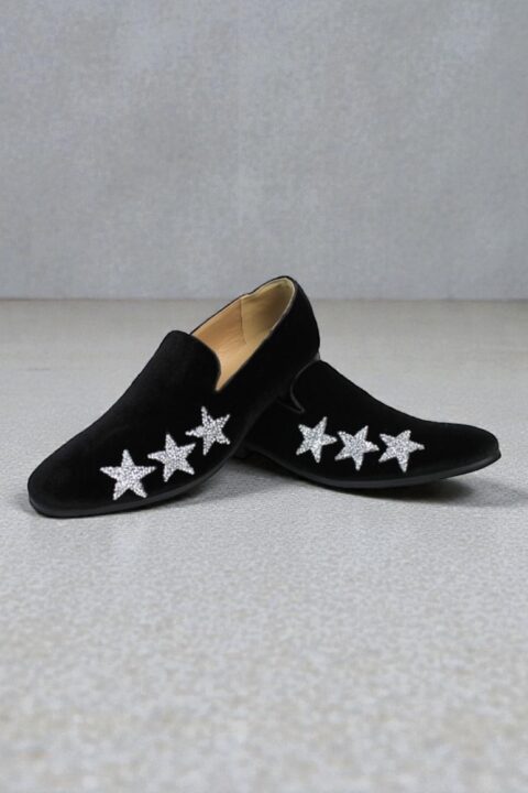 Alternative view of Men's Slip On Black Velvet Dress Loafers With Silver Rhinestone Stars