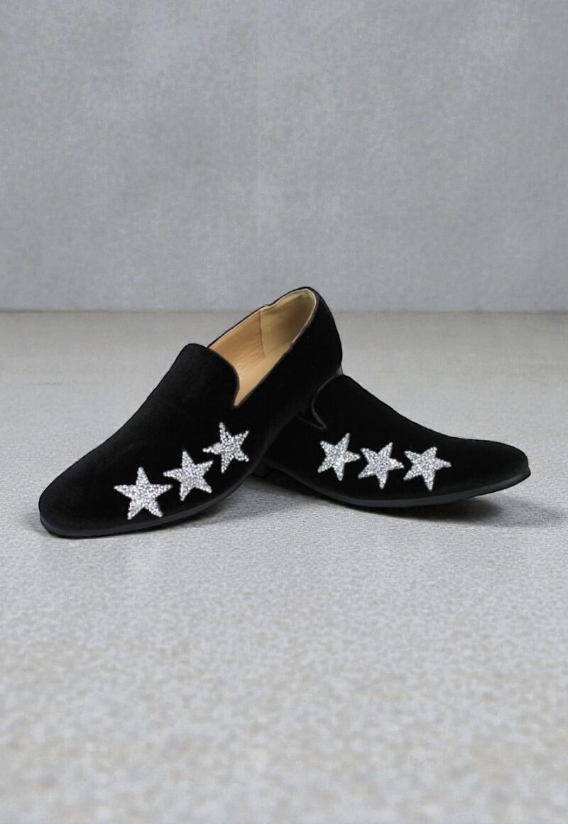 Alternative view of Men's Slip On Black Velvet Dress Loafers With Silver Rhinestone Stars