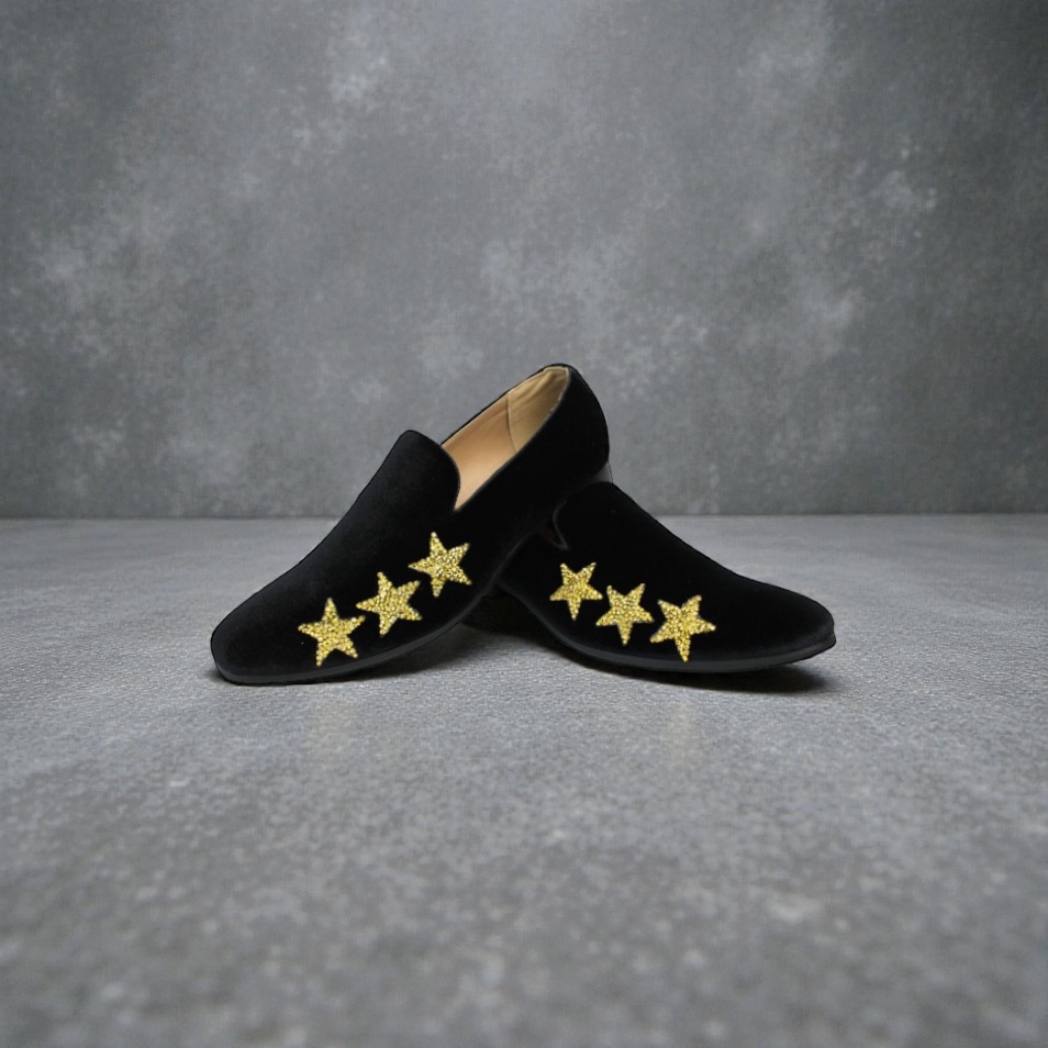 Men's Slip On Black Velvet Dress Loafers With Gold Rhinestone Stars - Image 3