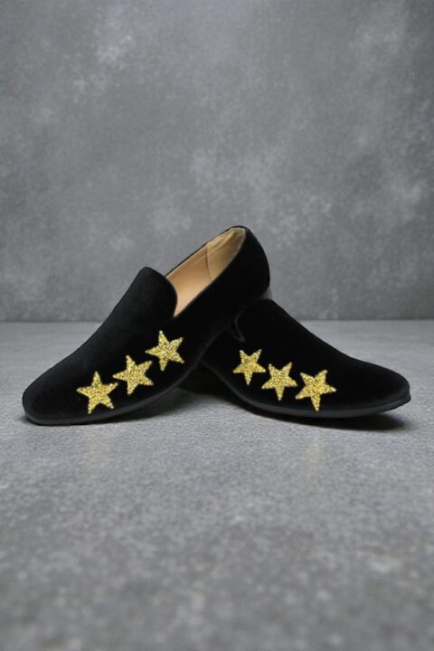 Alternative view of Men's Slip On Black Velvet Dress Loafers With Gold Rhinestone Stars
