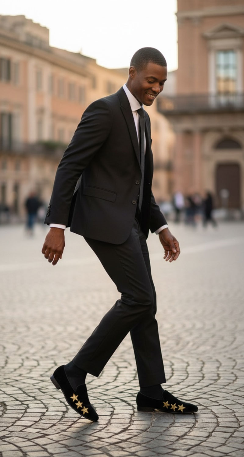 Men's Slip On Black Velvet Dress Loafers With Gold Rhinestone Stars - Image 4