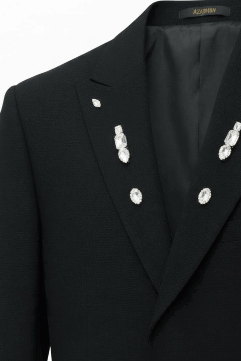 Alternative view of Slim Fit Mens Crystal Embellished Peak Lapel Black Suit 9936