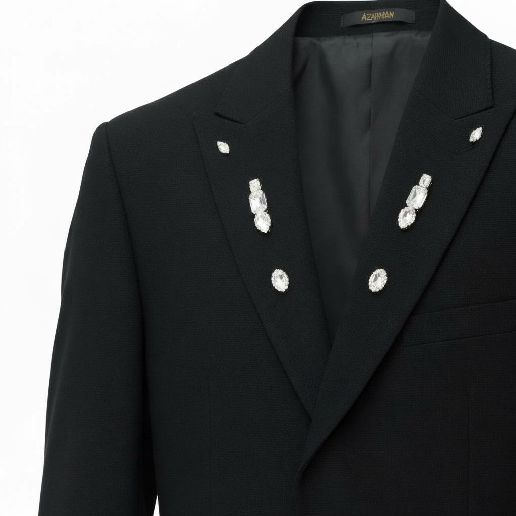 Slim Fit Mens Crystal Embellished Peak Lapel Black Suit 9936 - Image 2