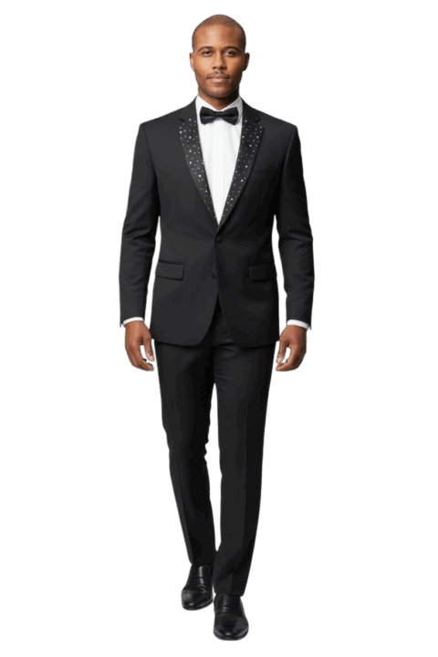 Slim Fit 2 Button Notch Diamond Lapel Rhinestone Black Mens Tuxedo