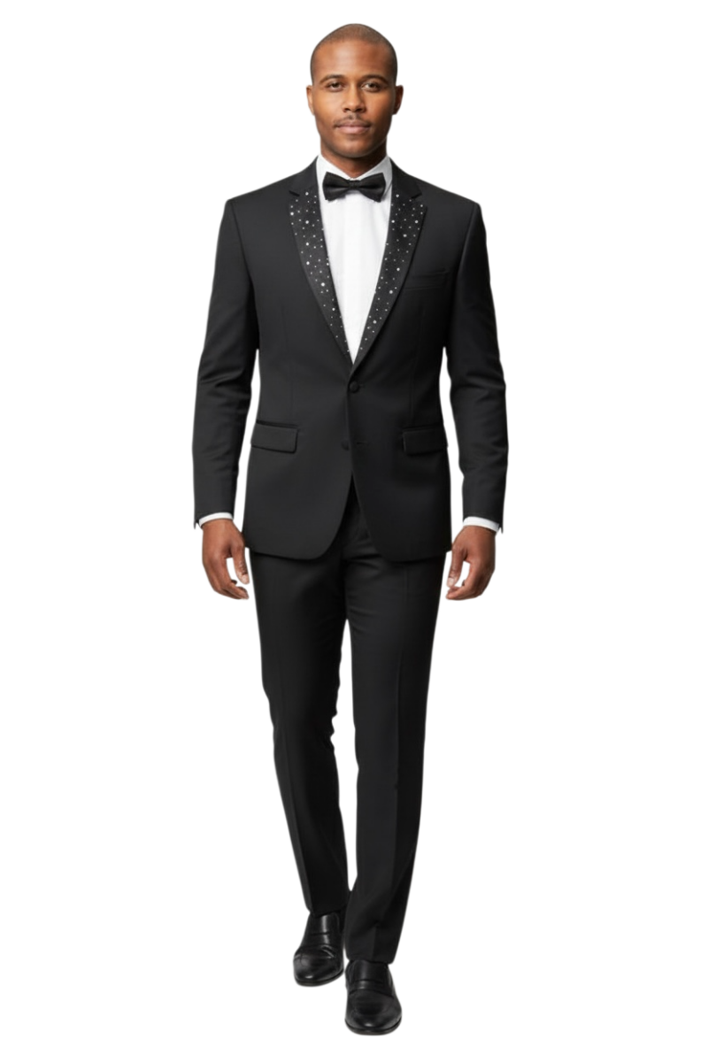 Slim Fit 2 Button Notch Diamond Lapel Rhinestone Black Mens Tuxedo