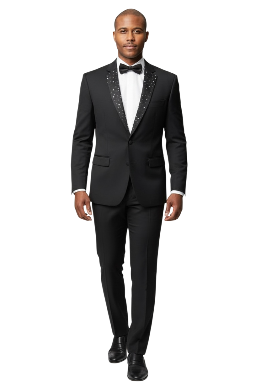 Slim Fit 2 Button Notch Diamond Lapel Rhinestone Black Mens Tuxedo