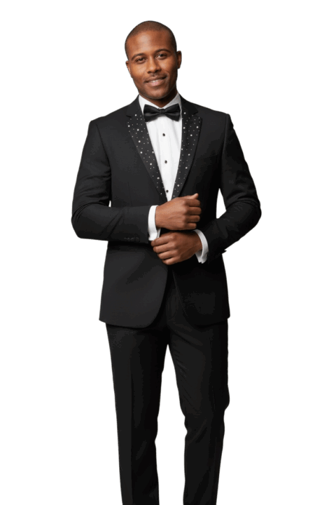 Alternative view of Slim Fit 2 Button Notch Diamond Lapel Rhinestone Black Mens Tuxedo