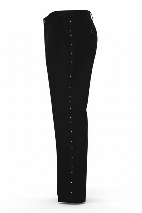 Slim Fit Tuxedo Pants With Diamond & Black Studs Flat Front No Pleats Black Side Satin Line
