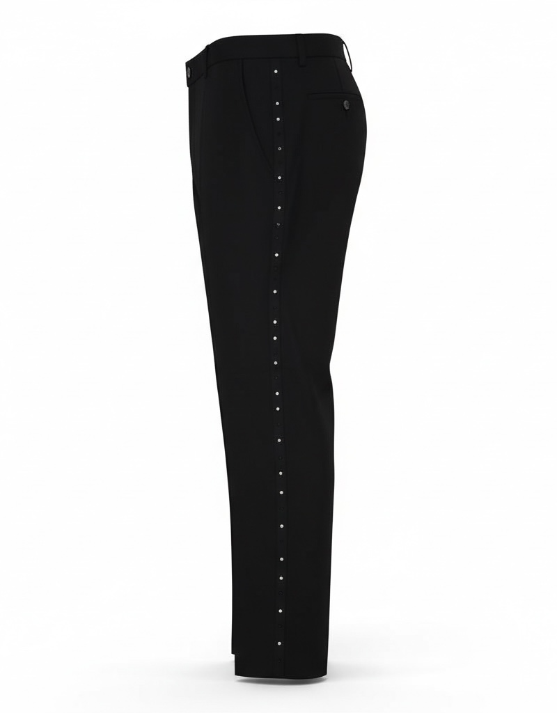 Slim Fit Tuxedo Pants With Diamond & Black Studs Flat Front No Pleats Black Side Satin Line