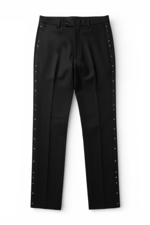 Slim Fit Tuxedo Pants With Diamond & Black Studs Flat Front No Pleats Black Side Satin Line