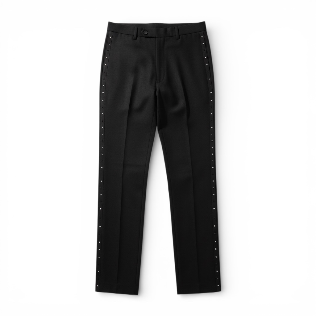 Slim Fit Tuxedo Pants With Diamond & Black Studs Flat Front No Pleats Black Side Satin Line - Image 6