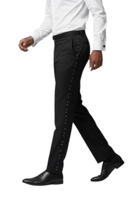 Alternative view of Slim Fit Tuxedo Pants With Diamond & Black Studs Flat Front No Pleats Black Side Satin Line