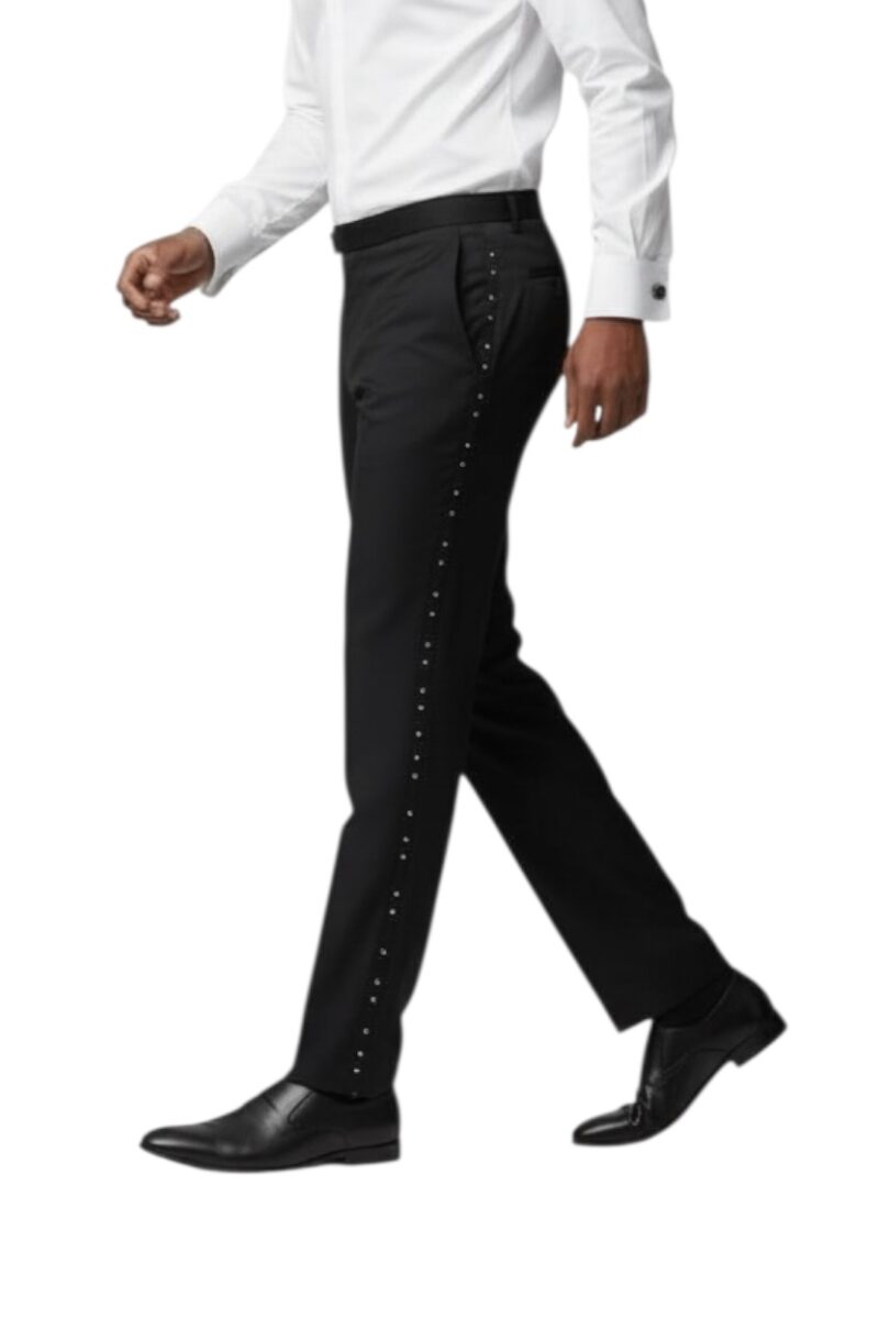Alternative view of Slim Fit Tuxedo Pants With Diamond & Black Studs Flat Front No Pleats Black Side Satin Line