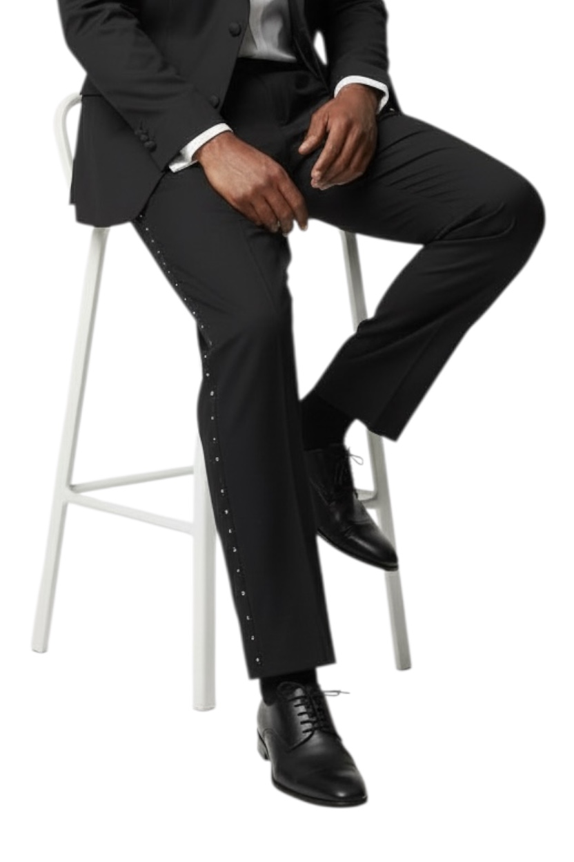 Slim Fit Tuxedo Pants With Diamond & Black Studs Flat Front No Pleats Black Side Satin Line - Image 4