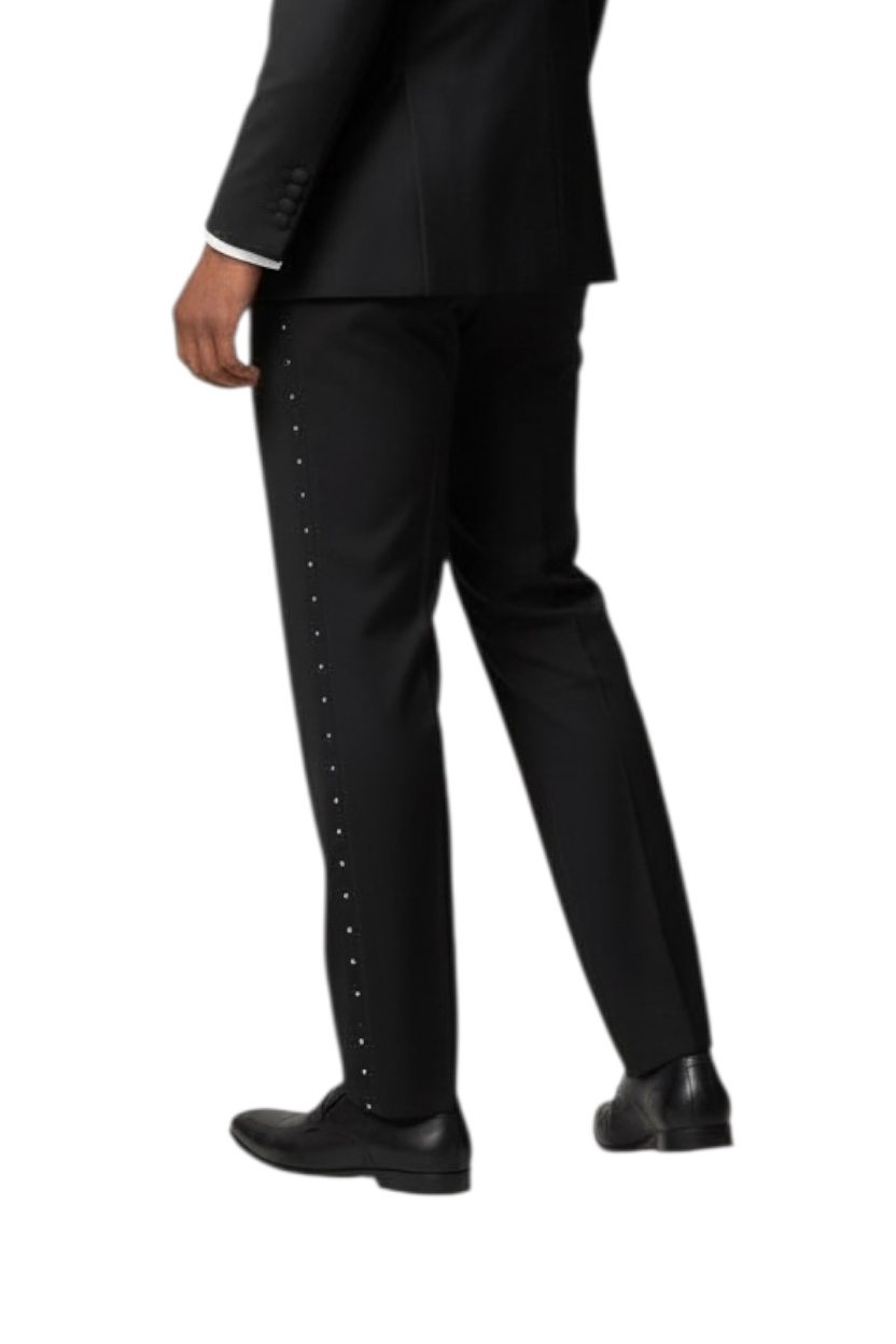 Slim Fit Tuxedo Pants With Diamond & Black Studs Flat Front No Pleats Black Side Satin Line - Image 5