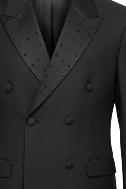 Alternative view of Slim Fit Black Double Breasted Tuxedo Black Studs Rhinestone Peak Lapel Design