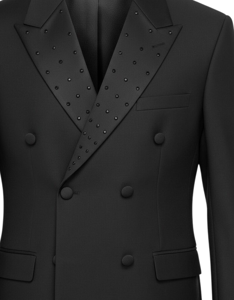 Alternative view of Slim Fit Black Double Breasted Tuxedo Black Studs Rhinestone Peak Lapel Design