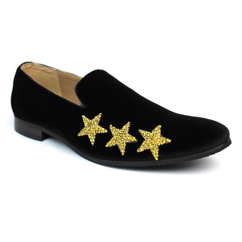Alternative view of Men's Slip On Black Velvet Dress Loafers With Gold Rhinestone Stars