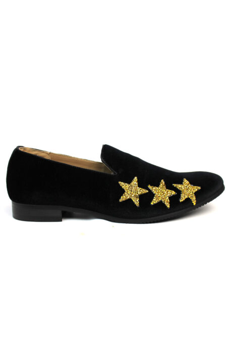 Men's Slip On Black Velvet Dress Loafers With Gold Rhinestone Stars
