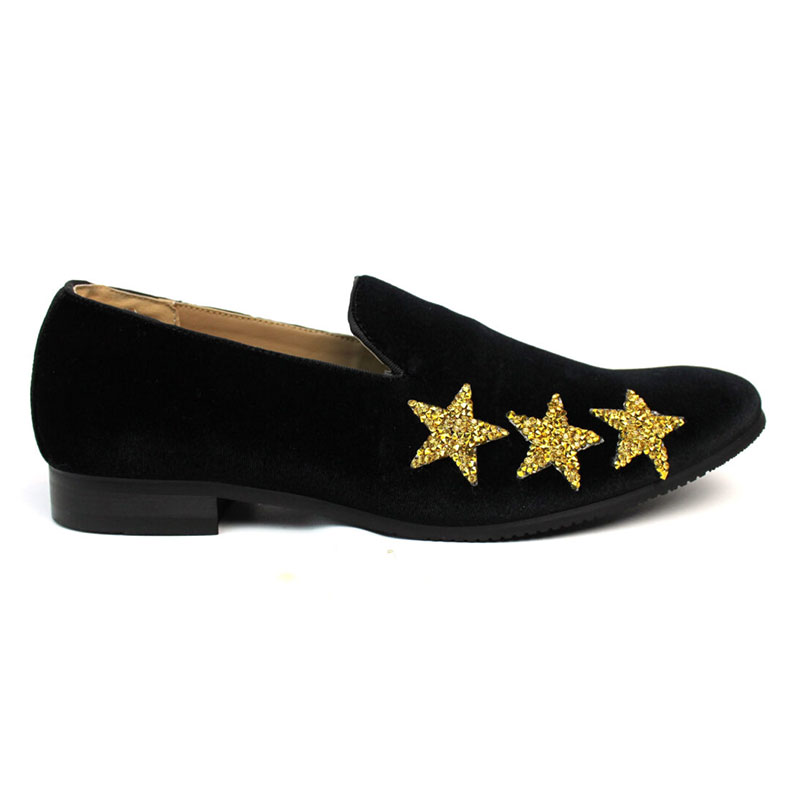 Men's Slip On Black Velvet Dress Loafers With Gold Rhinestone Stars