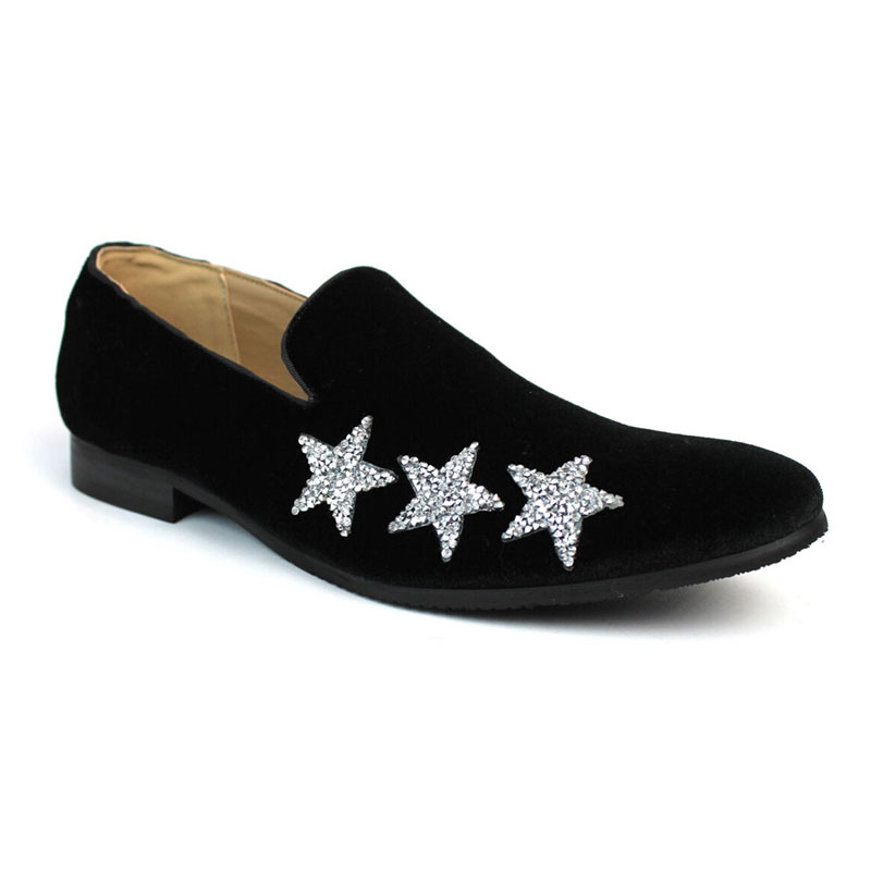 Alternative view of Men's Slip On Black Velvet Dress Loafers With Silver Rhinestone Stars