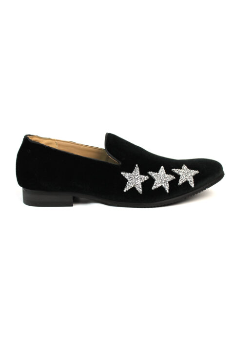 Men's Slip On Black Velvet Dress Loafers With Silver Rhinestone Stars