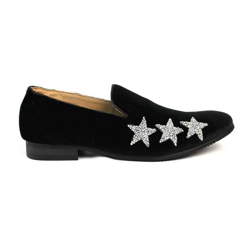Men's Slip On Black Velvet Dress Loafers With Silver Rhinestone Stars